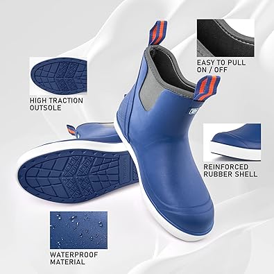 Front view of Trudave DeckFlow Series women’s ankle waterproof rubber deck boots in legion blue showing slip-resistant sole, reinforced toe and collar stitching, and 100% waterproof construction for fishing and boating use